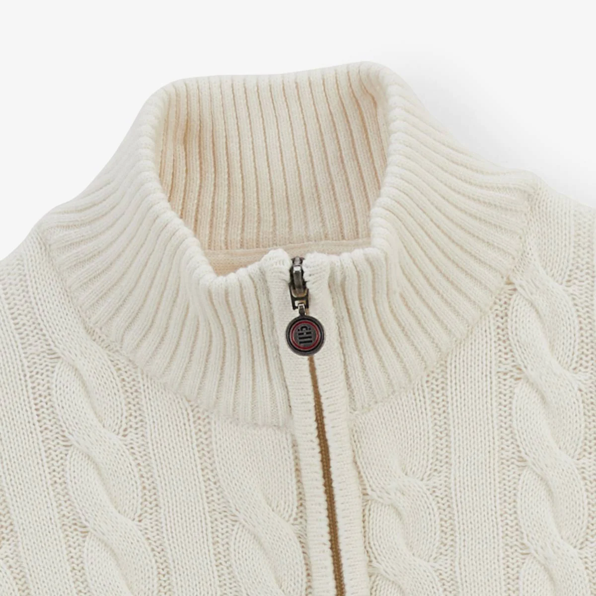 Pull col zippé en maille torsadée coton et laine écru Marsala - Image 4