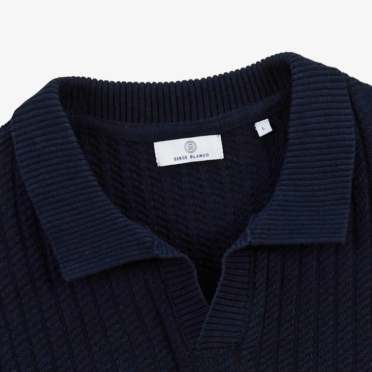 Pull manches courtes Milan à col polo en coton et lin bleu marine - Image 5