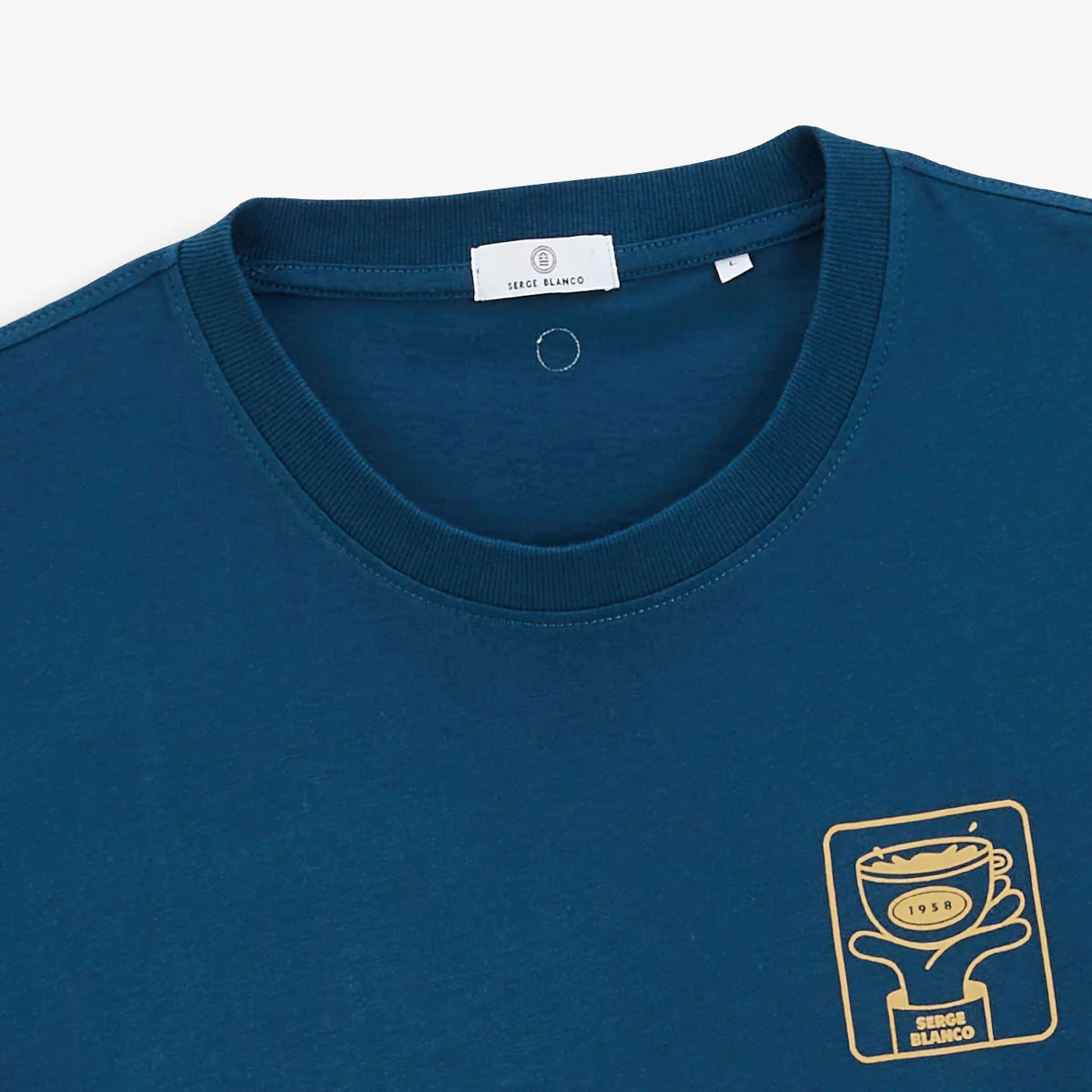 T-shirt col rond en coton imprimé poitrine bleu opale - Image 4