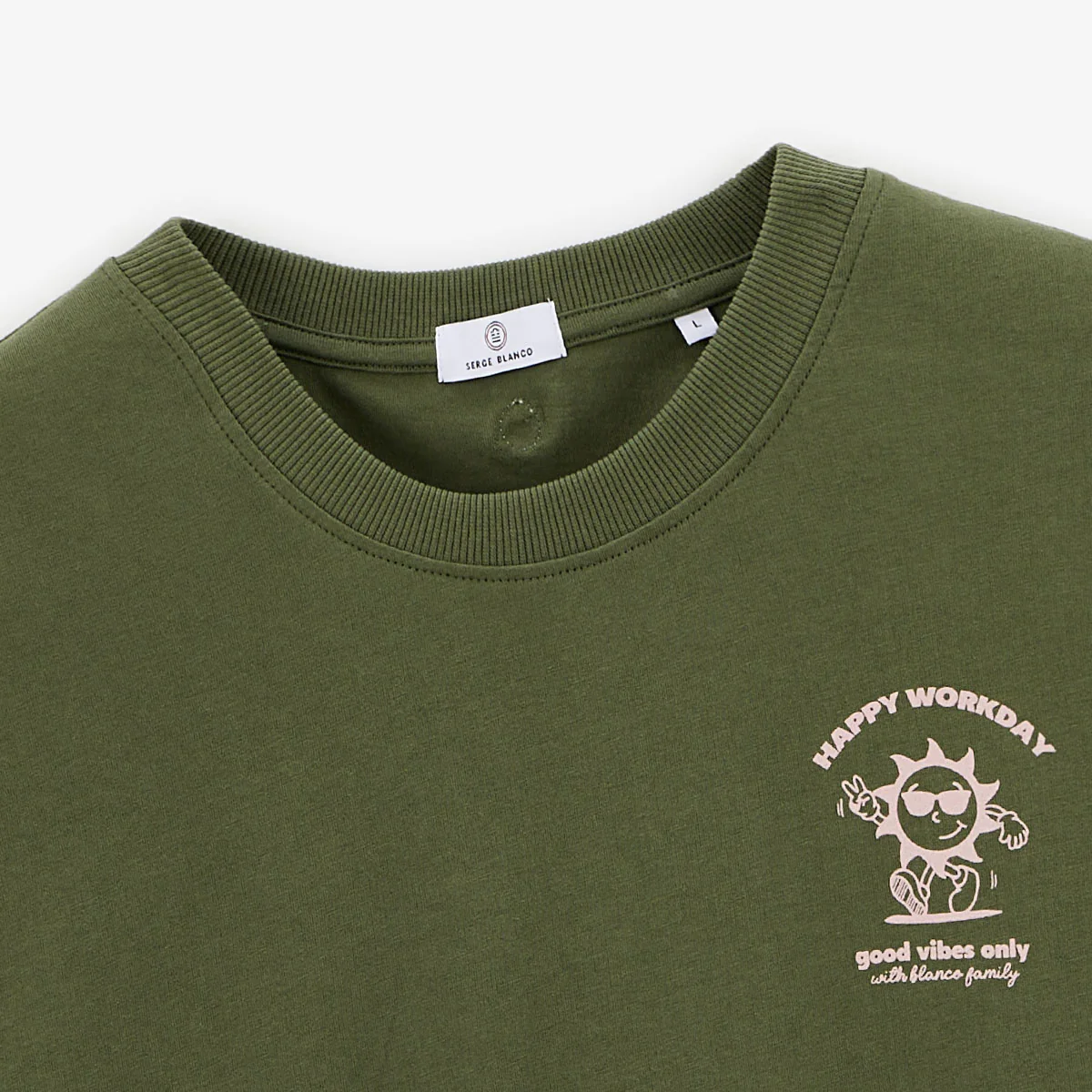 T-shirt col rond en coton imprimé poitrine vert militaire - Image 5