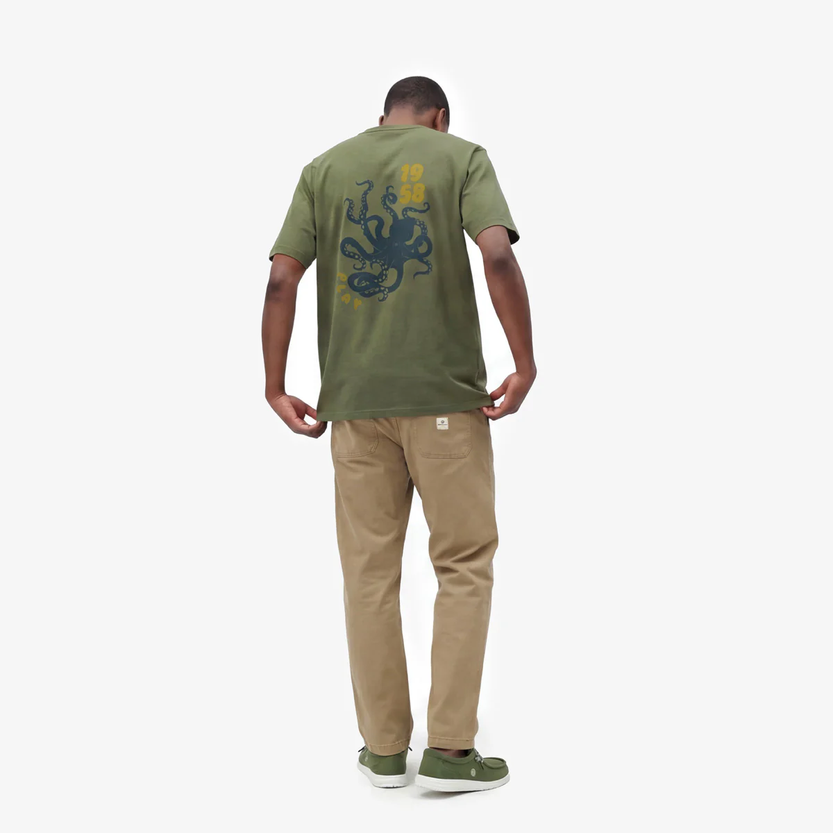 T-shirt col rond vert militaire en coton imprimé dos pieuvre - Image 7